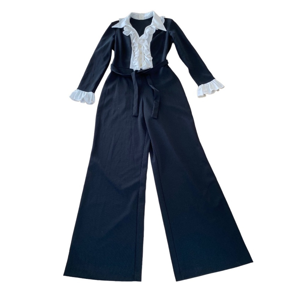 BLACK & WHITE Ruffled Bib Belted Jumpsuit Size 12